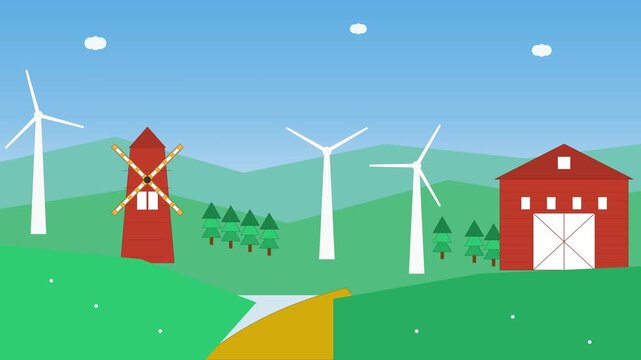 Green energy wind turbines and traditional red barn in a peaceful countryside landscape animated background