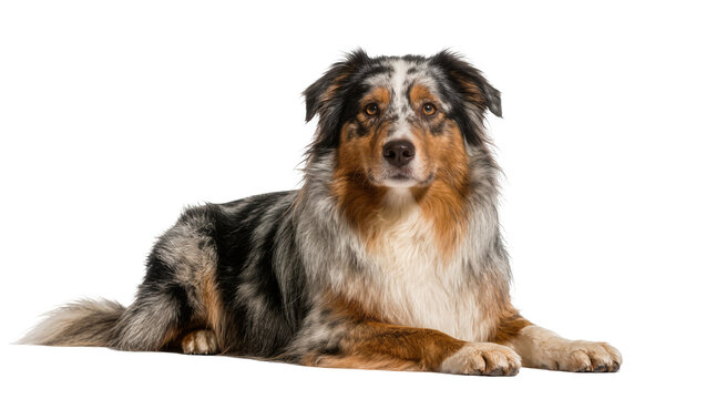 Merle Australian Shepherd dog lying down, isolated on transparent background
