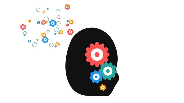 Human head with rotating colorful gears and exploding ideas animation illustrating brainstorming and productivity