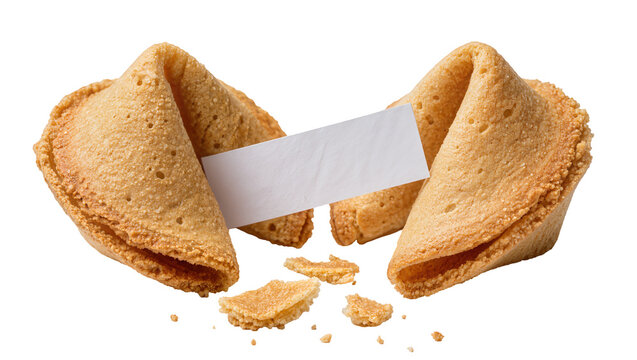 Two golden fortune cookies with blank paper message, isolated on transparent background