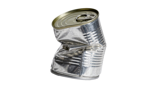 Crushed silver metal food can with pull tab, isolated on transparent background
