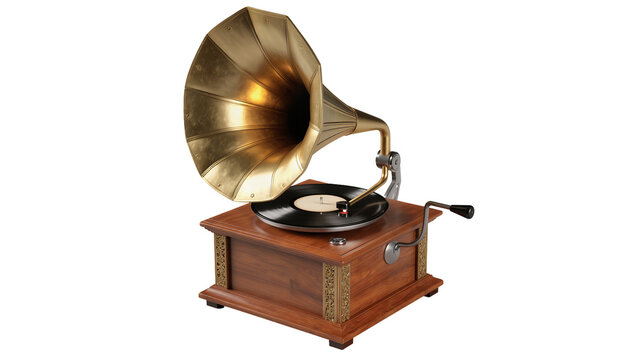 Antique gramophone with brass horn and wooden base, isolated on transparent background