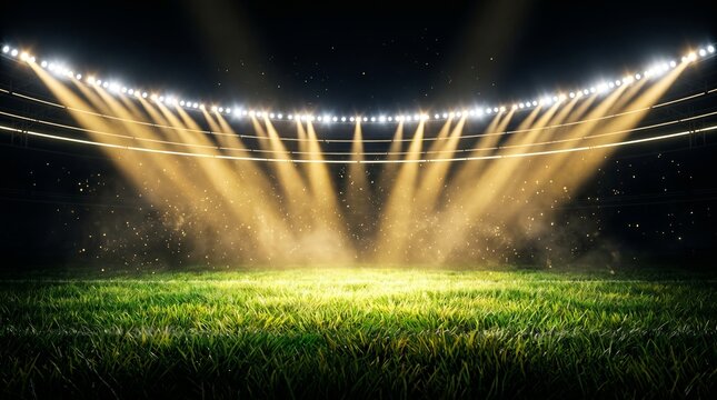 Bright stadium floodlights shining over a green soccer field at night with stadium lights sport stadium night game football pitch stadium illumination green grass sports arena