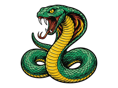 King cobra snake mascot vector, aggressive viper with fangs and hood, green serpent reptile illustration for sports logo or gaming team