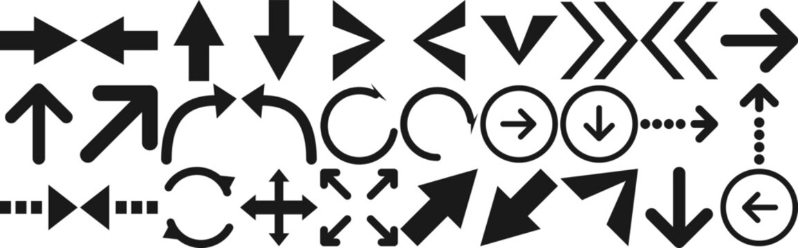Black arrow icon set. Includes directional pointers, curved reload arrows, and navigation symbols. Clean vector graphic for user interface design and website navigation menus.