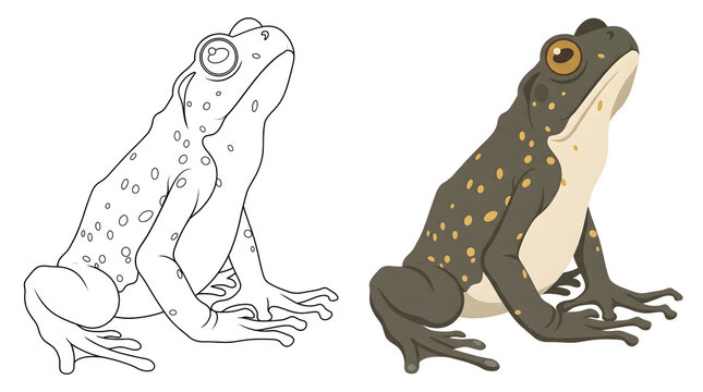 spotted frog toad illustration featuring line art coloring page next to fully colored digital vector graphic on white background for kids activity books educational science lesson and print design