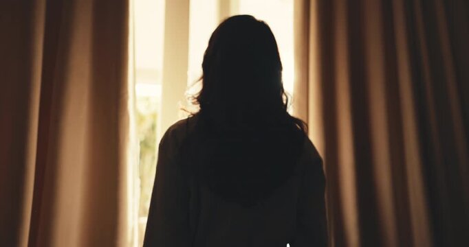 Back, woman and open curtains in hotel room with morning routine, vacation and daylight to wake up. Flare, person start day and reflection by accommodation window with fresh air, holiday or wellness.