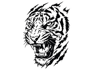 Aggressive tiger head vector illustration, fierce roaring wild cat mascot with sharp fangs, black and white predatory animal face for sports logo © Vector Hive