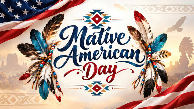 Native American Heritage Day Greeting &ndash; Calligraphy Lettering with Feathers on Blue Background
