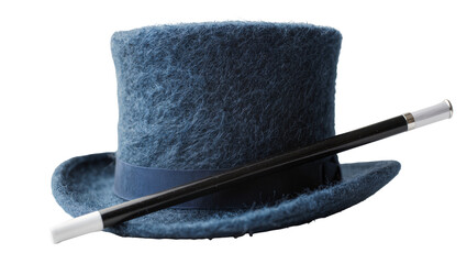 Blue felt top hat with black magic wand, isolated on transparent background © Aliona