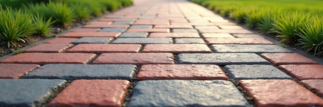 Close-up view of new interlocking paving stones , top view, project, brown
