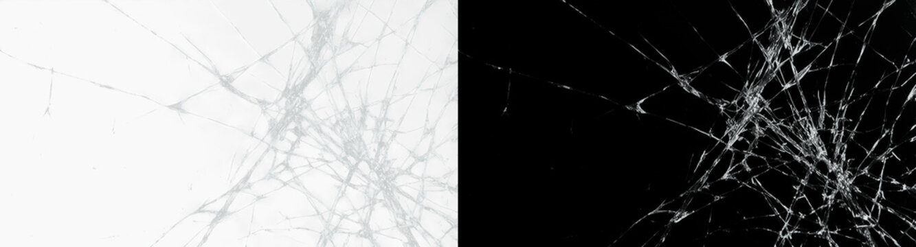 Cracked glass texture, realistic 3D render with broken screen effect on transparent background, abstract white shattered glass overlay for mobile interface, tech glitch, and digital design projects