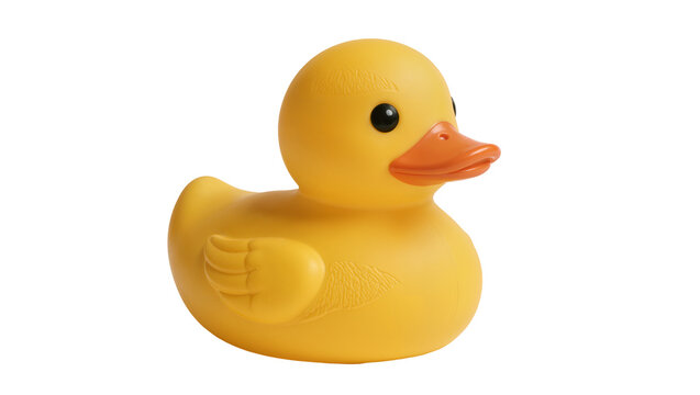 Classic yellow rubber duck toy with orange beak and black eyes, isolated on transparent background