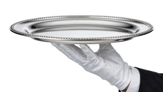 White gloved hand holding a polished silver oval tray with beaded rim, isolated on transparent background