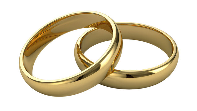 Two polished gold wedding rings intertwined, isolated on transparent background