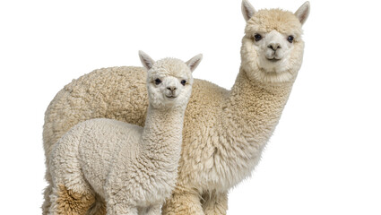 Fototapeta premium Two fluffy alpacas one adult and one baby, standing together isolated on transparent background