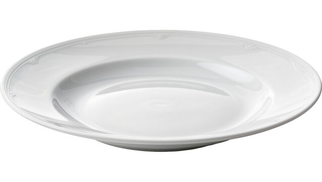 White ceramic soup plate with embossed rim, isolated on transparent background