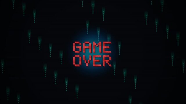Retro game over pixel text animation with matrix digital rain background, for arcade gaming, and cyberpunk
