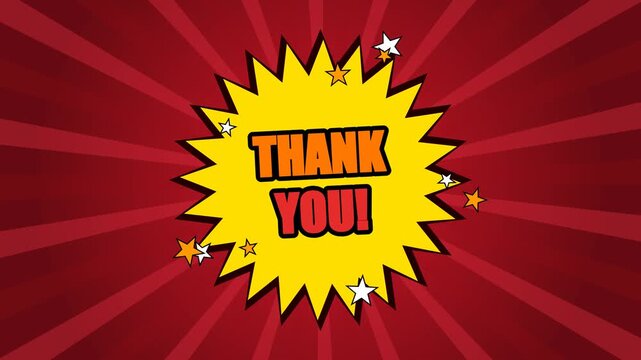 Retro comic book style thank you animation with vibrant starburst and red burst background, for creative projects