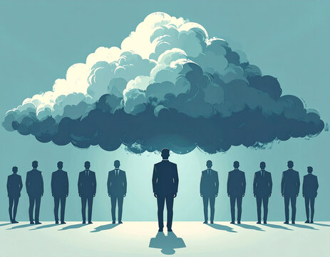 Business People Standing Under Dark Cloud Representing Mobbing in Corporate Culture And Toxic Workplace Harassment in Professional Environment