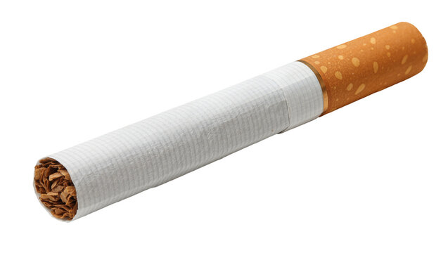 Unfiltered cigarette with brown tobacco and white paper wrapper, isolated on transparent background