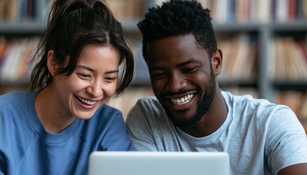 Young interracial couple smiling while looking at laptop in a library setting