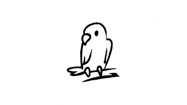 Animated doodle icon of a small lovebird parrot sitting on a perch.