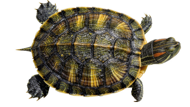 Detailed red-eared slider turtle with patterned shell, isolated on transparent background