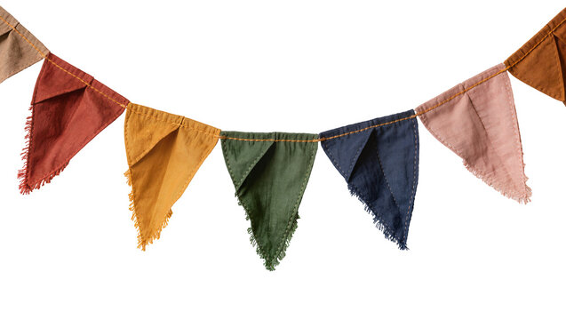 Multi-colored fabric bunting flags with frayed edges, isolated on transparent background