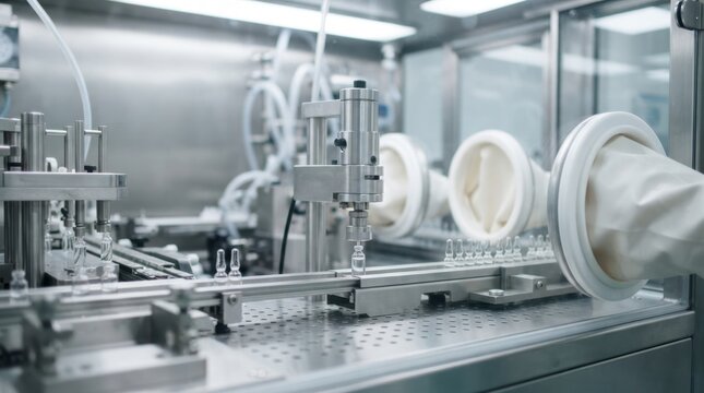 Sterile pharmaceutical fill finish suite with vial washer, isolator gloves, crimping head and sealed ampoules