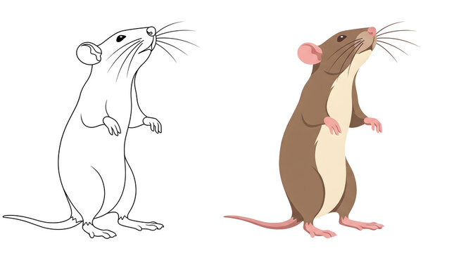 rat standing on hind legs vector illustration and coloring book line art page isolated on white background curious cute brown rodent character clip art for kids education and craft design