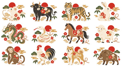 Obraz premium 十二支の動物と縁起物を描いた和モダンな年賀イラストセット / Japanese Zodiac Animal Collection with Traditional New Year Motifs（Generative AI）