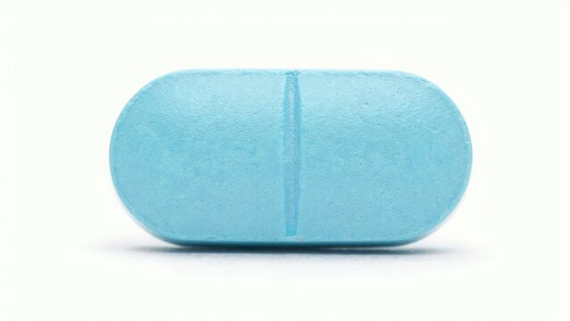 Single oval shaped light blue pharmaceutical pill isolated against a clean white background with medicine, wellness