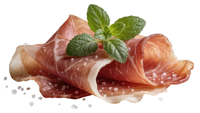 Thinly sliced prosciutto with fresh mint leaves and coarse salt, isolated on transparent background