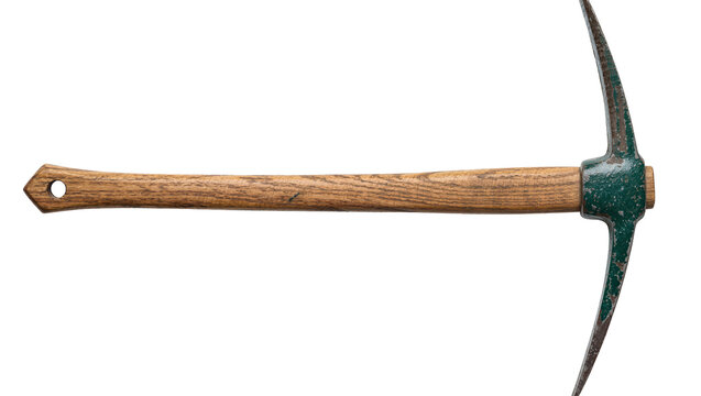 Wooden handled pickaxe with metal head, isolated on transparent background