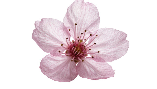 Delicate pink cherry blossom flower with visible stamens, isolated on transparent background