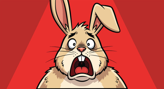 Scared rabbit cartoon illustration with wide eyes and open mouth on a red background.