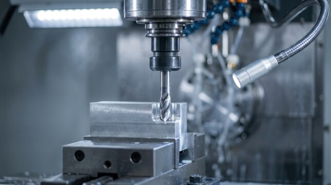 CNC machining center with a carbide end mill, precision vise and metal workpiece under bright LED work light.
