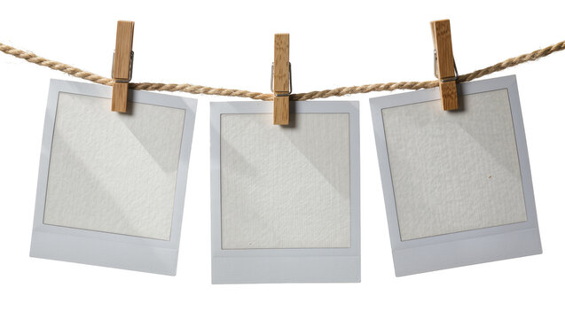 Three empty instant photo prints with wooden clothespins on rope, isolated on transparent background