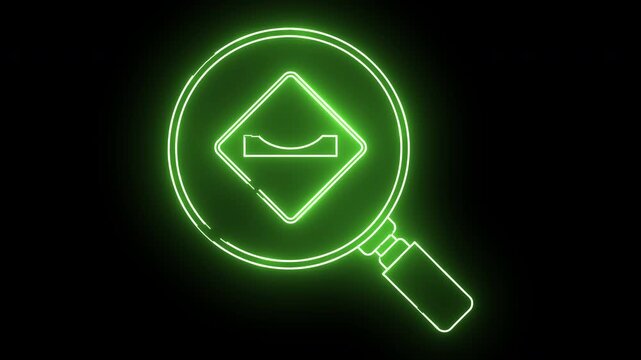 Green Neon Magnifying Glass Inspecting Road Pothole Symbol.