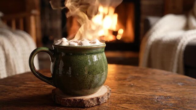 Steaming hot chocolate with marshmallows in a cozy setting by a warm fireplace.