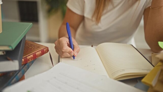 Young woman writing in lined notebook with blue pen, hand on page, surrounded by books and papers at study desk inside building; quiet concentration.