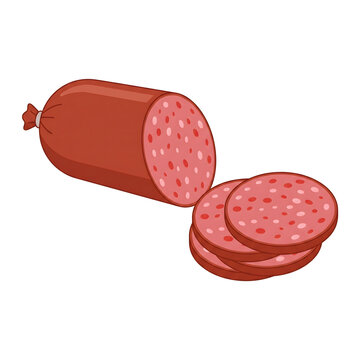 delicious fresh salami sausage and round red pepperoni slices food illustration isolated on a clean white background in a simple cartoon vector style perfect for restaurant menus grocery store ads