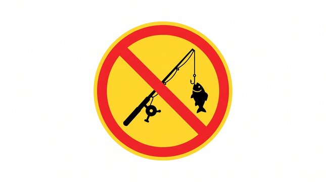 No fishing allowed sign with a black rod and fish icon on a yellow background