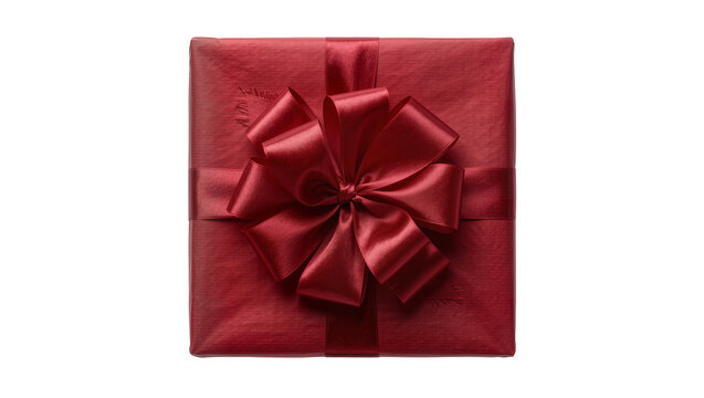Square red gift box with satin ribbon bow, isolated on transparent background
