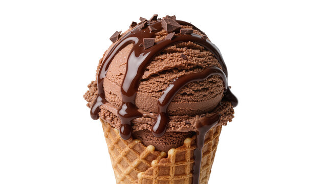 Rich chocolate ice cream scoop with dark fudge drizzle and chips, isolated on transparent background