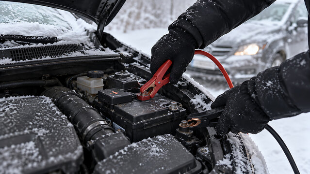Jump starting a car with jumper cables connected to the battery