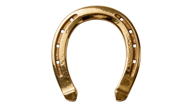 Shiny golden horseshoe with nail holes, isolated on transparent background