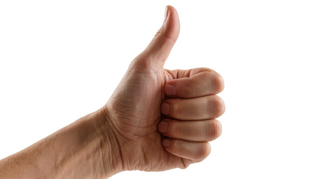 Human hand giving a thumbs up gesture, isolated on transparent background