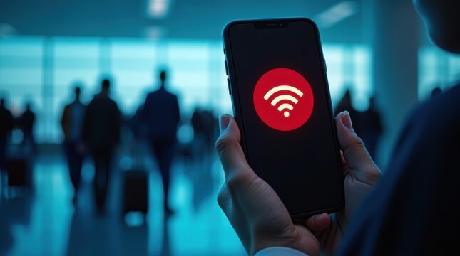 Viajero en un aeropuerto sosteniendo un tel&eacute;fono con una alerta roja de falta de wifi